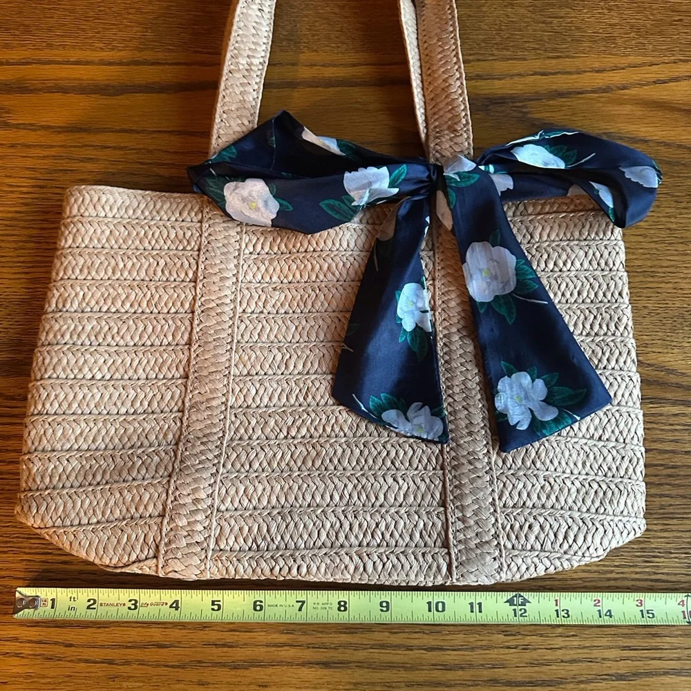 Draper James Tan Woven Tote with Navy Floral Scarf - Picture 4 of 6
